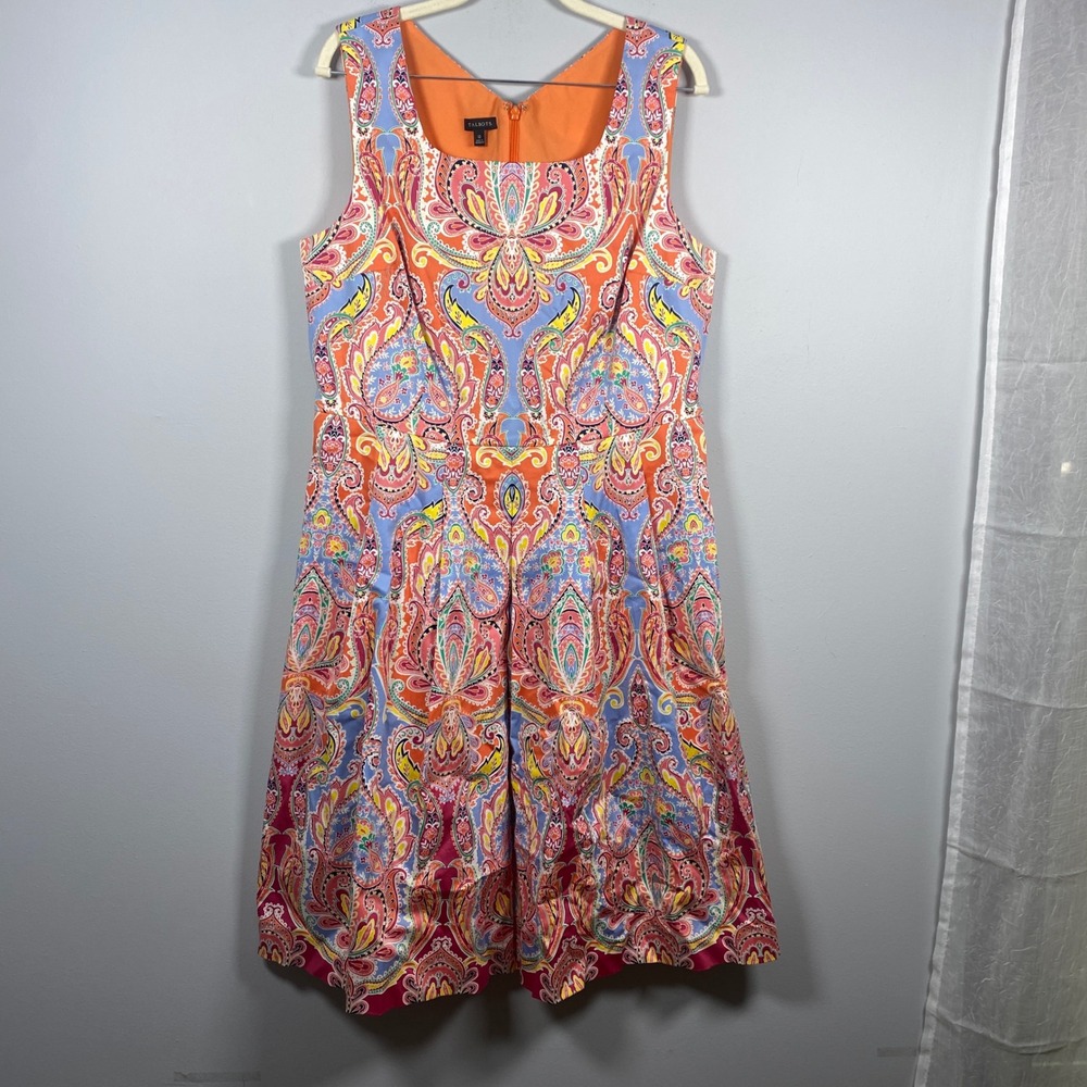 Talbots Paisley Fit & Flare Midi Dress Womens 12 Orange Sleeveless Preppy Resort